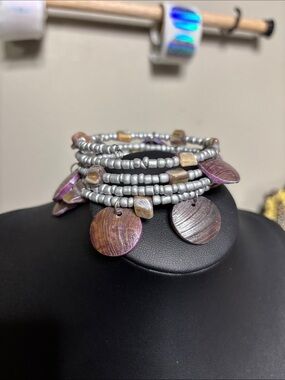 Silver and Purple Shell Coil Wrap Resort Bracelet Stack Boho